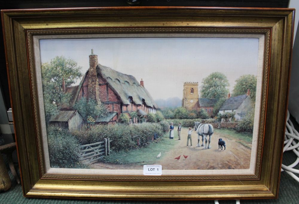 AN OLEOGRAPH PRINT OF CHURCH LANE by R. Simm, having hessian fillet and moulded gilt frame