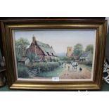 AN OLEOGRAPH PRINT OF CHURCH LANE by R. Simm, having hessian fillet and moulded gilt frame