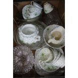 A BOX CONTAINING A SELECTION OF DOMESTIC CHINA & GLASS to include a green flower decorated tea