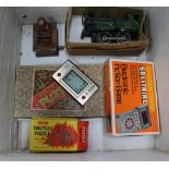 A VINTAGE FILING BOX CONTAINING COLLECTABLE CHILDREN'S TOYS & GAMES, Japanese wooden toy, 80's