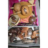 A BOX CONTAINING A SELECTION OF PREDOMINANTLY ETHNIC WOODEN WARES, to include carved animals
