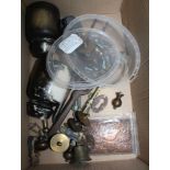 A BOX CONTAINING A SELECTION OF USEFUL DOMESTIC METALWARES, and two railway telephone insulators