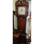 AN EARLY 19TH CENTURY OAK & MAHOGANY LONG CASE CLOCK, having double swan neck pediment, pilaster