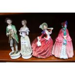 FOUR VARIOUS CERAMIC FIGURINES, to include Royal Doulton ladies