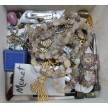 A BOX CONTAINING A SELECTION OF COSTUME JEWELLERY and associated items