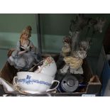 A SMALL BOX OF DOMESTIC POTTERY & PORCELAIN