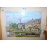 TONY BATES, an acrylic painting of Lower Slaughter, depicting the village footbridge, in blond