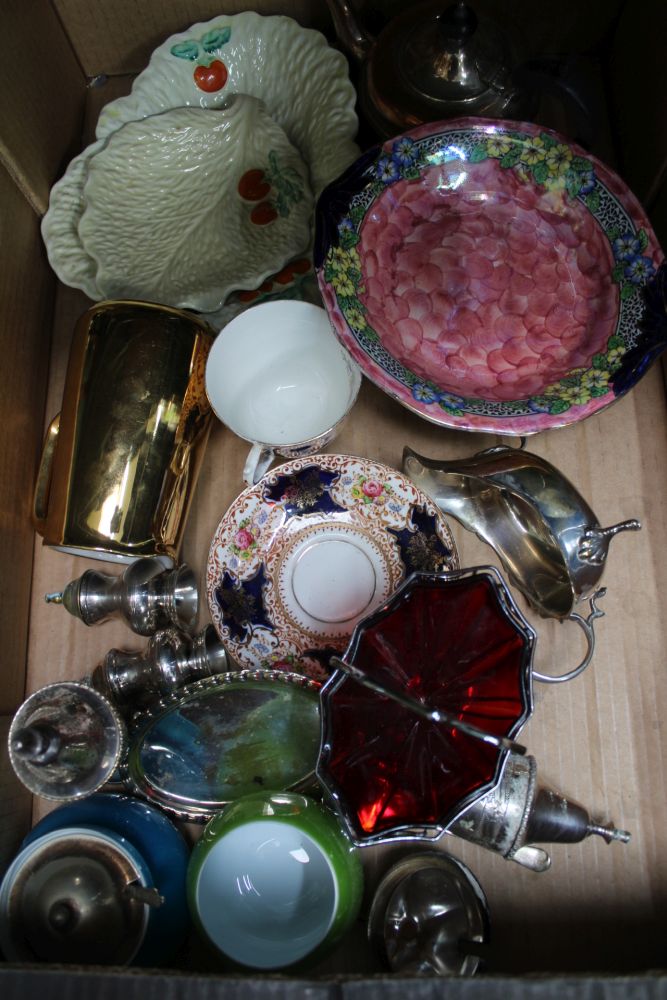 A BOX CONTAINING SILVER PLATED AND PORCELAIN ITEMS VARIOUS, to include Maling and Beswick
