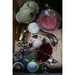 A BOX CONTAINING SILVER PLATED AND PORCELAIN ITEMS VARIOUS, to include Maling and Beswick