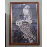 A LITHOGRAPHIC PRINT DEPICTING TWO OWLS ON A TREE STUMP glazed in a maple effect frame