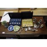 A BOX OF DOMESTIC ITEMS VARIOUS to include Wedgwood and silver plate