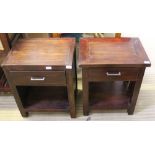 TWO MAHOGANY FINISHED IMPORTED HARDWOOD BEDSIDE UNITS / LAMP TABLES each with single drawers