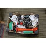 A BOX CONTAINING A ROSE DECORATED PART TEA SERVICE, Tiffany style lamp, model vehicles, etc.