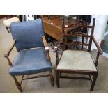 TWO WOODEN ARMCHAIRS one rexine upholstered, the other pierced slat back with drop-in seat pad