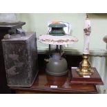 A VINTAGE TILLEY STYLE LAMP together with a fuel can, and a beer pump, transfer decorated with