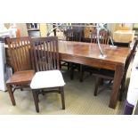 A MAHOGANY COLOURED IMPORTED HARDWOOD DINING SUITE comprising rectangular topped table on block legs