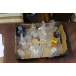 A BOX CONTAINING A SELECTION OF PREDOMINANTLY GLASS PERFUME BOTTLES & STOPPERS VARIOUS