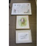 A REPRODUCTION COLOURED MAP OF WARWICKSHIRE, together with a watercolour study of a humming bird and