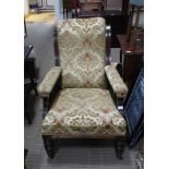AN 19TH CENTURY SHOW WOOD FRAMED DEEP SEATED SALON ARMCHAIR with old gold flock upholstered back