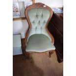 A PAIR OF SHOW WOOD FRAMED LOW SEATED SALON STYLE CHAIRS, with sage green velour upholstery
