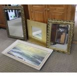 AN INDISTINCTLY SIGNED SEASCAPE together with three gilt framed wall mirrors