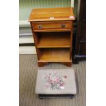 A WOOLWORK PAD TOP BOX FORMED FOOT STOOL together with a reproduction yew wood finished bedside unit