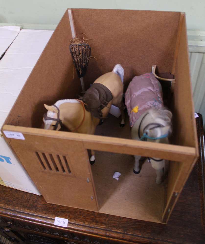 A TEA CHEST AND A BOX CONTAINING A SELECTION OF DOLLS HOUSE ACCESSORIES to include a bed and a - Image 2 of 5