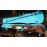 A VINYL CASED VIOLIN & BOW bearing the trade label Antonius Stradivarius