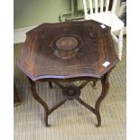 A 19TH CENTURY ROSEWOOD OCCASIONAL TABLE on 'S' shaped legs, 'X' shaped stretcher, with circular