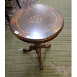 AN ITALIAN REPRODUCTION INLAID CIRCULAR TOPPED WINE TABLE on turned column and three downswept legs