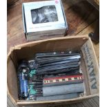 A BOX CONTAINING A SELECTION OF MODEL TRAIN PARTS & a boxed fishing reel