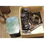 A BOX CONTAINING A SELECTION OF DOMESTIC COLLECTABLES to include vintage telephone, Tilley lamps,