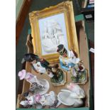 A BOX CONTAINING A SELECTION OF PORCELAIN FIGURINES some Napoleonic, together with a 3D plaque