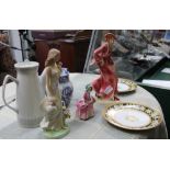 THREE VARIOUS MODEL FEMALE FIGURINES together with sundry domestic pottery