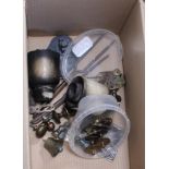 A BOX CONTAINING A SELECTION OF USEFUL DOMESTIC METALWARES, and two railway telephone insulators