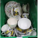 A BOX CONTAINING A SELECTION OF PORCELAIN TABLE WARES, to include an Art Deco fantasy Foley china