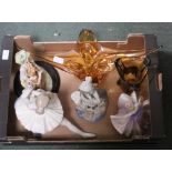 A BOX CONTAINING A SELECTION OF HUMANOID FIGURINES and modernist glassware