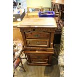 A PAIR OF DISTRESSED WOOD FRENCH DESIGN TWO DRAWER LAMP / BEDSIDE TABLES