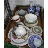 A BOX CONTAINING A SELECTION OF DOMESTIC POTTERY & PORCELAIN