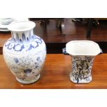 TWO BLUE & WHITE DECORATED VASES
