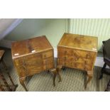 A PAIR OF 20TH CENTURY MAHOGANY FINISHED THREE DRAWER BEDSIDE CHESTS, on slender cabriole legs