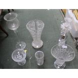 A SMALL SELECTION OF DOMESTIC GLASSWARE VARIOUS, drop lustre candlestick, vases, etc