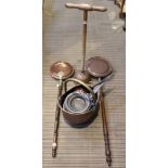 TWO COPPER WARMING PANS, a copper dolly, brass coal scuttle and sundry domestic metalwares