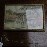 A C.1920s SILK PICTURE OF A JAPANESE GARDEN together with a hallmarked 9ct gold rated bracelet, with