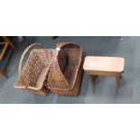 TWO USEFUL WOVEN WICKER FIXED HANDLE BASKETS together with a small plank form stool