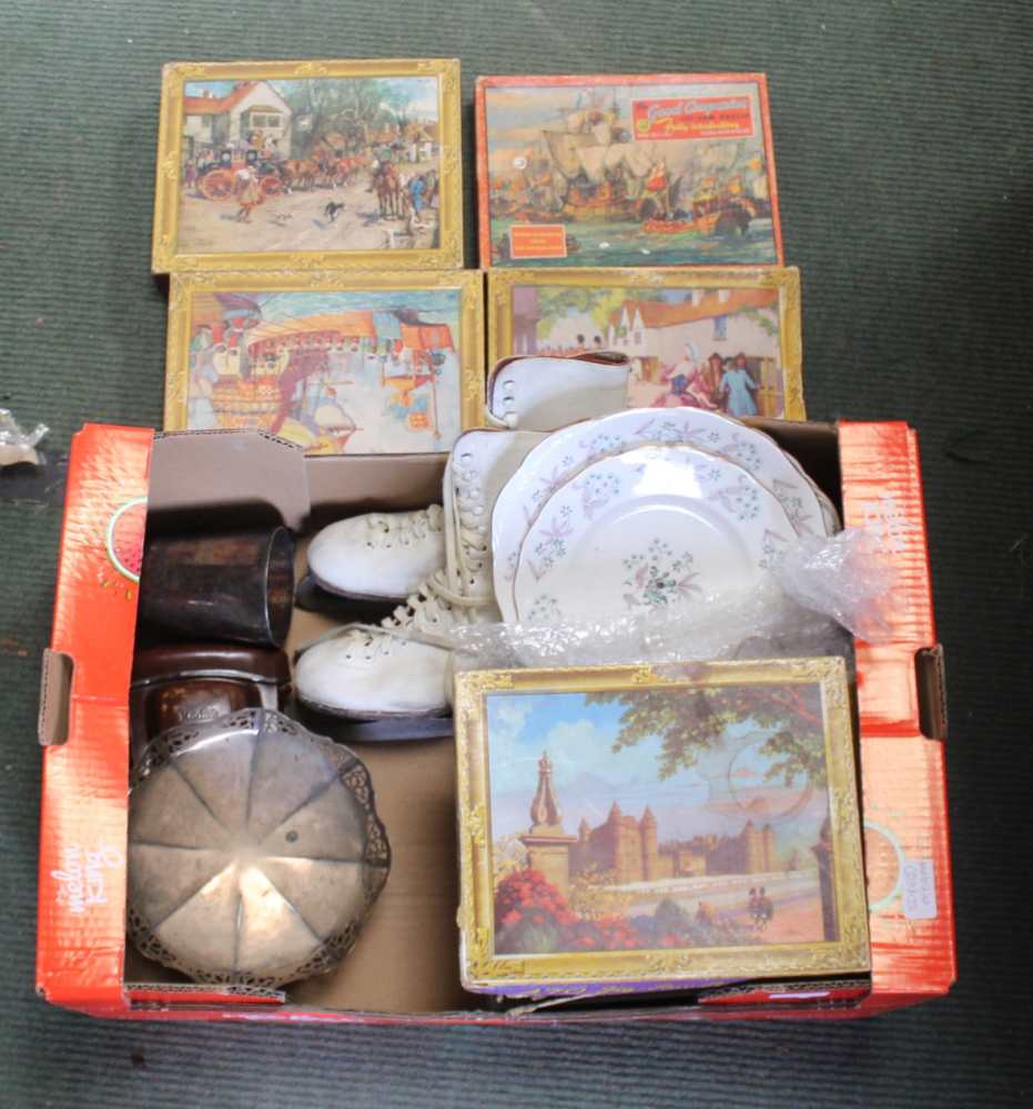 A BOX CONTAINING A SERIES OF WADDINGTON'S JIGSAW PUZZLES, domestic crockery, a pair of ice skates,