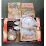 A BOX CONTAINING A SERIES OF WADDINGTON'S JIGSAW PUZZLES, domestic crockery, a pair of ice skates,