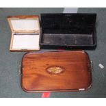 A WOODEN TWIN HANDLED TRAY together with two various wooden boxes