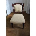 A 19TH CENTURY CARVED WALNUT SHOW WOOD FRAMED SINGLE CHAIR with trellis upholstered back & seat pad