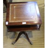 A REPRODUCTION MAHOGANY SQUARE TOPPED TABLE with skiver insert top, having storage undertier
